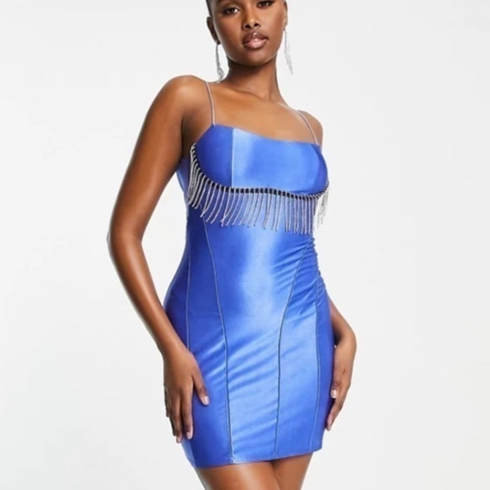 ASOS Satin Mini Dress Crystal Trim Electric Blue *Flawed